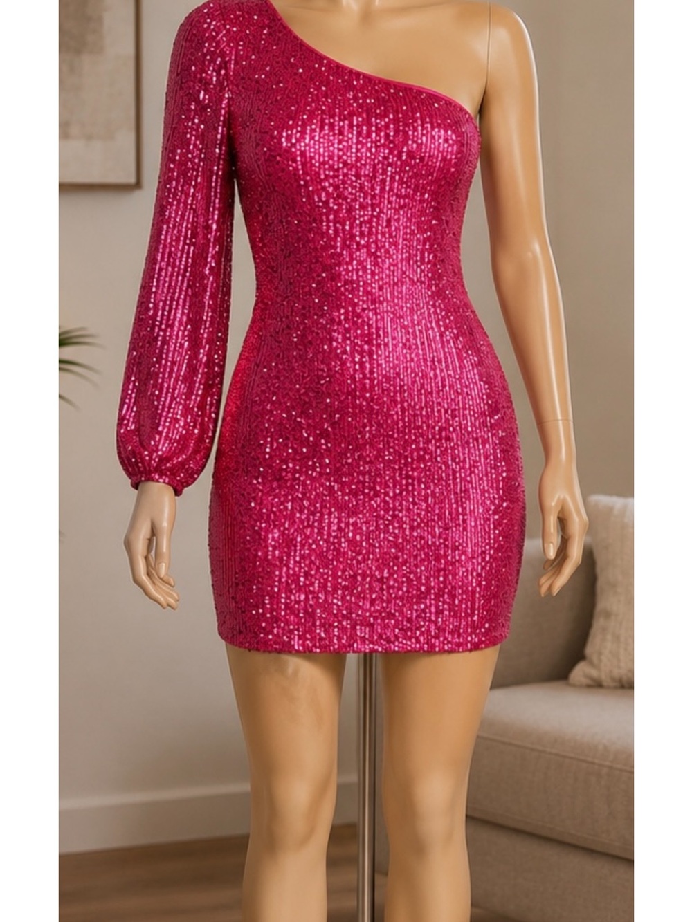 Crystal Doll One-Shoulder Sequin Mini Dress in Fuchsia Pink